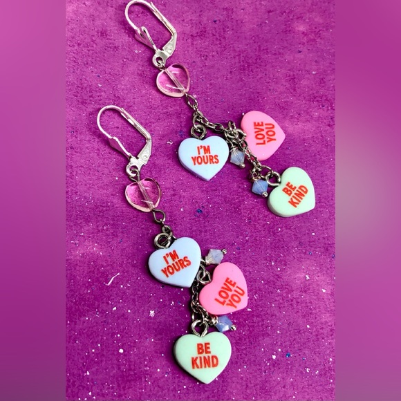 Valentine’s Day Conversation “Candy” Heart Love Charm Cluster Leverback Earrings - Picture 2 of 4